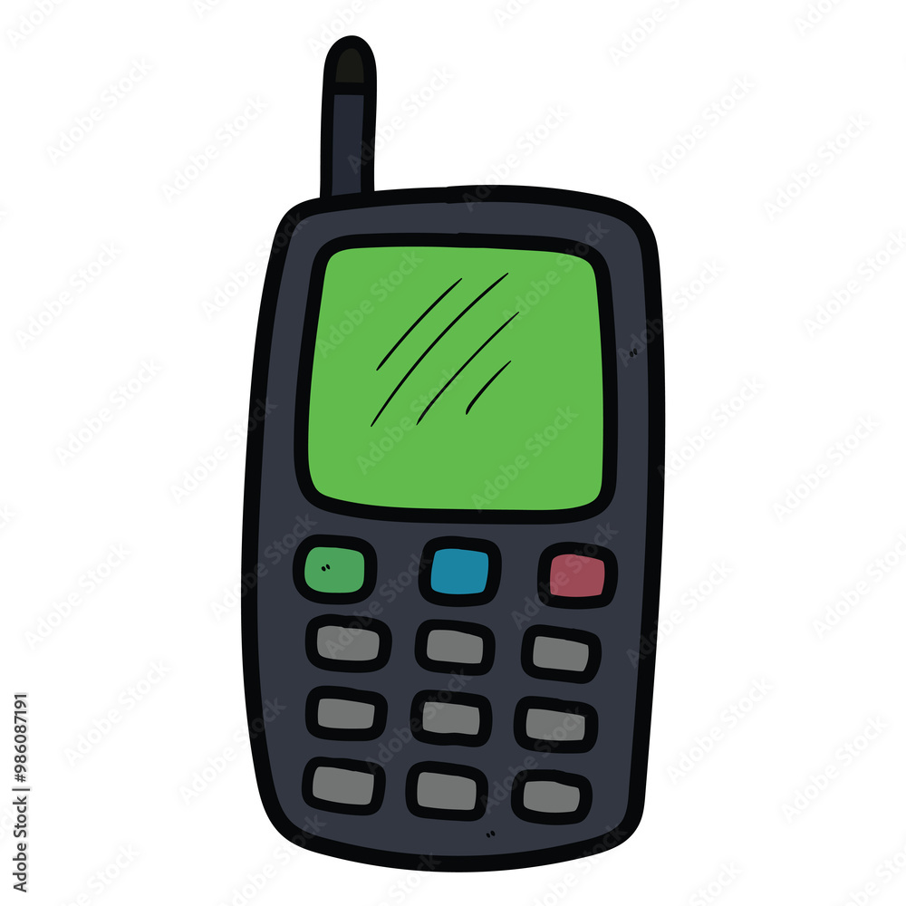 Hand drawn cartoon old mobile phone on white background. Hand drawn cartoon old mobile phone on white background.