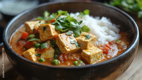 Tofu or tempeh can be added to vegetarian steamed curry for extra protein and heartiness photo