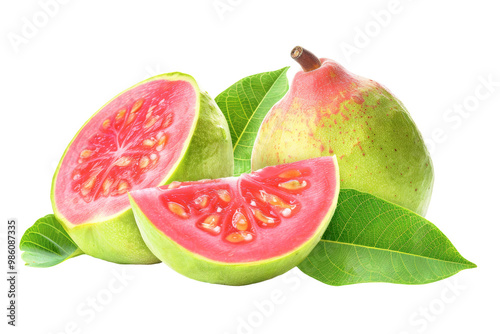 A fresh guava is cut to reveal its pink interior, resting next to whole fruits and green leaves on a bright white background, highlighting its natural beauty.