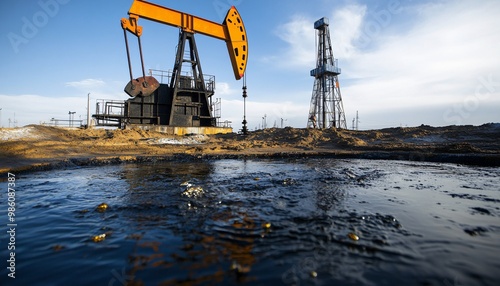 Obraz na płótnie Oil Barrel Spill on West Field Illustrates the Severity of the Oil Crisis w salonie