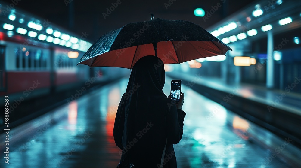 Obraz premium Muslim Woman with Hijab Holding Umbrella at Train Station After Rain, AI generated illustration