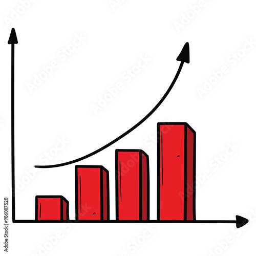 Hand drawn cartoon red growing graph on white background.