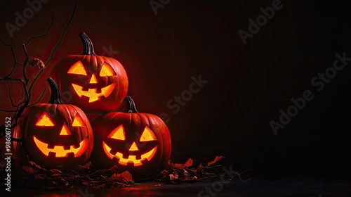 Three carved Halloween pumpkins with glowing faces on a dark background.