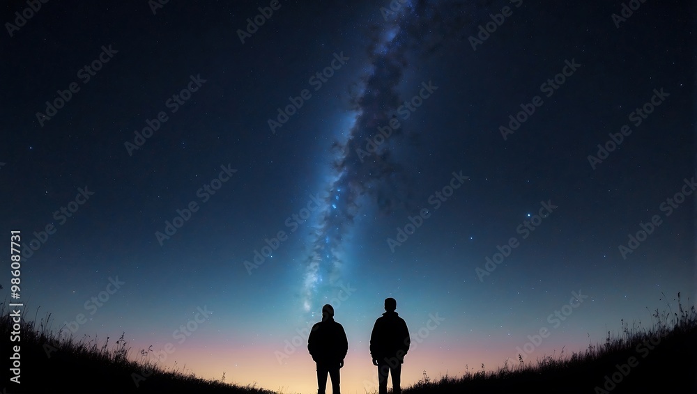 A starry night sky with a silhouette of a person gazin A starry night sky with a silhouette of a person gazin