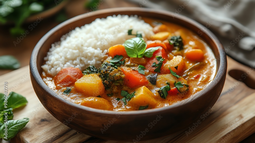 Close-up of a hearty stew with vegetables and herbs in a bowl. Close-up of a hearty stew with vegetables and herbs in a bowl.