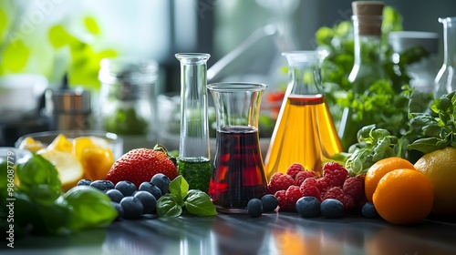 Colorful fresh fruits, herbs, and natural extracts in glass bottles, representing organic ingredients, health, and natural food science in a vibrant setting.