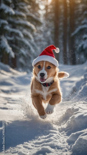 Puppy wearing Santa hat running through snow