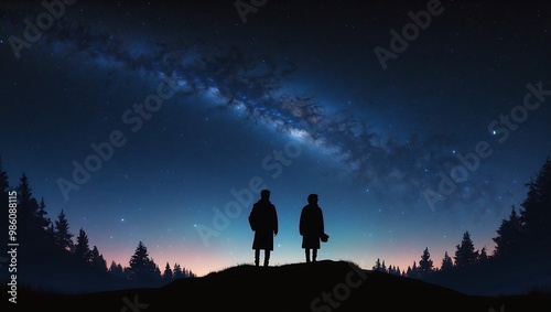 A starry night sky with a silhouette of a person gazin