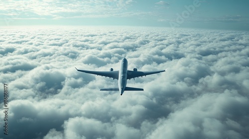 Aerial View of Airplane Flying Above the Clouds, Travel Concept, AI generated illustration