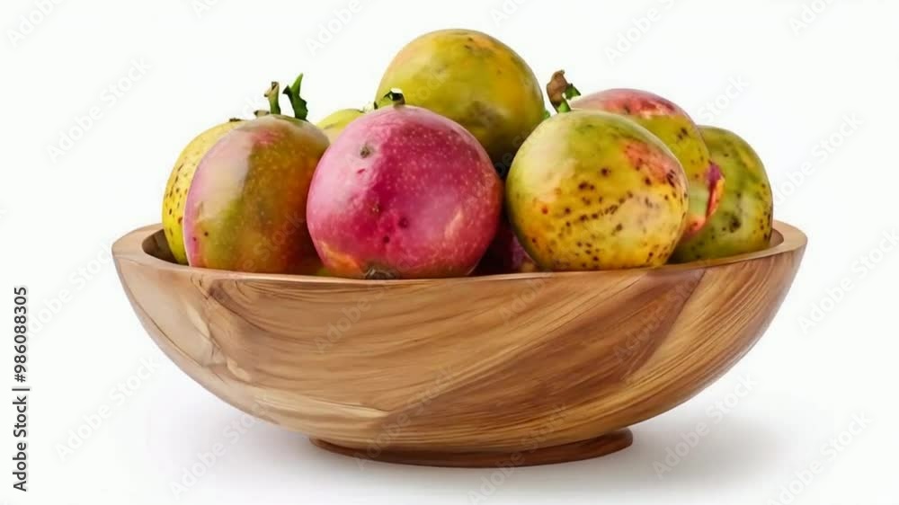 Passion fruits in a wooden bowl. A tropical fruit with a round or oval shape, passion fruit has a vibrant purple or yellow exterior and sweet-tart, seed-filled interior. Passion fruits in a wooden bowl. A tropical fruit with a round or oval shape, passion fruit has a vibrant purple or yellow exterior and sweet-tart, seed-filled interior.