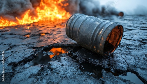 Oil Barrel Toppling with Black Oil Spillage Highlighting Environmental Impact Amidst the Oil Crisis