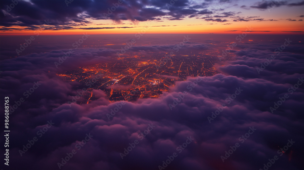 Stunning City Lights Emerging Beneath a Dramatic Purple Sunset Sky in a Breathtaking Drone and Airplane Photo Stunning City Lights Emerging Beneath a Dramatic Purple Sunset Sky in a Breathtaking Drone and Airplane Photo