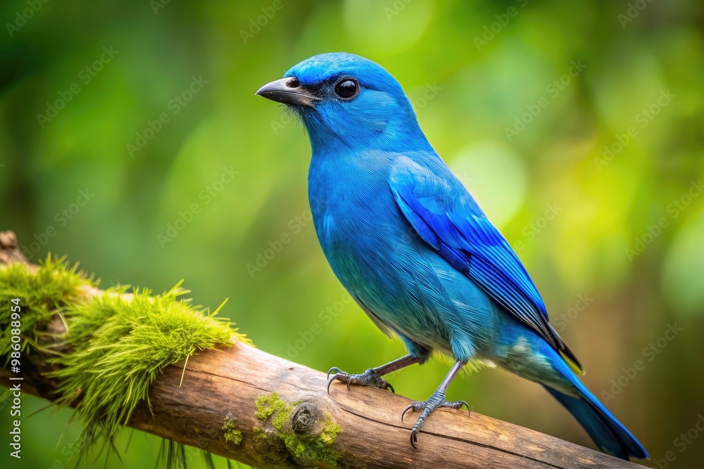 Close-up of a vibrant blue quaker bird perched on a tree branch in a forest Close-up of a vibrant blue quaker bird perched on a tree branch in a forest
