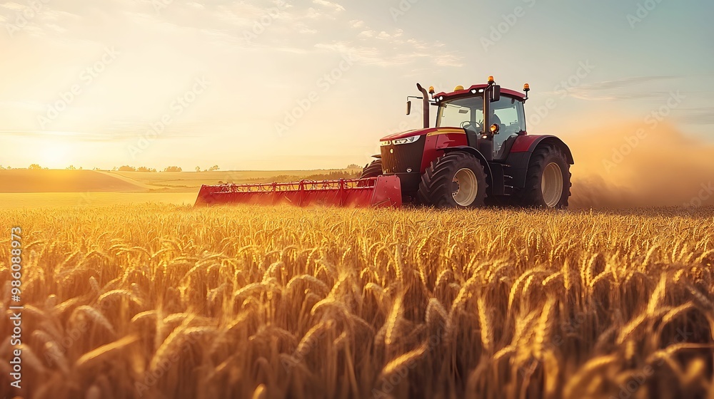 Obraz premium A red tractor harvesting a golden wheat field during sunset, showcasing modern farming machinery in a rural agricultural landscape.