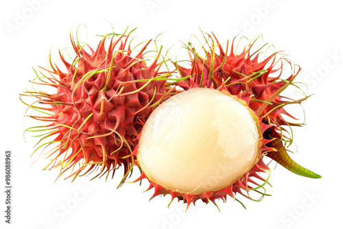 Fresh rambutan fruit reveals its striking red, spiky rind alongside the translucent white flesh, emphasizing this tropical delicacy's unique appearance and taste. photo