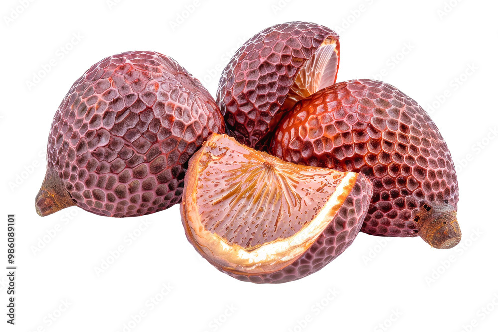 Three ripe salacca fruits are arranged together, with one slice showing its unique texture and color, emphasizing its tropical origin and natural design. Three ripe salacca fruits are arranged together, with one slice showing its unique texture and color, emphasizing its tropical origin and natural design.