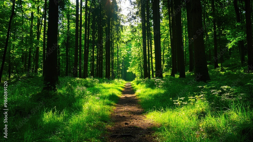 Fototapeta premium Sunlit forest path through tall, green trees and lush grass.
