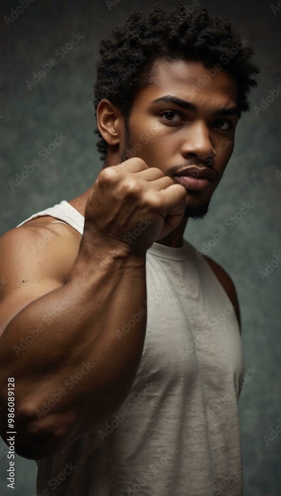 Young man raising a clenched fist, exuding empowerment. Young man raising a clenched fist, exuding empowerment.