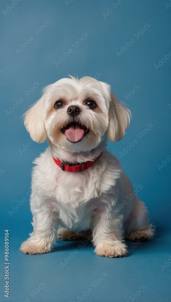 Small White Dog with Curly Coat Sitting on Blue Background Small White Dog with Curly Coat Sitting on Blue Background