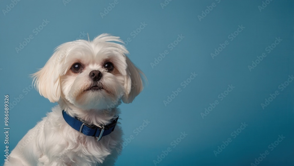 Small White Dog with Curly Coat and Blue Collar on Blue Background Small White Dog with Curly Coat and Blue Collar on Blue Background