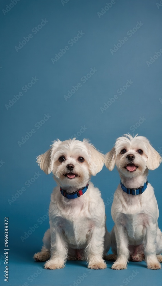 Two Bichon Frise Puppies with Blue Collars on Light Blue Background Two Bichon Frise Puppies with Blue Collars on Light Blue Background
