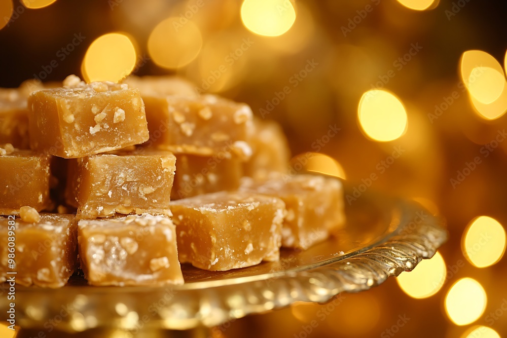Close-up of golden plate with traditional Indian sweets and festive bokeh lights Close-up of golden plate with traditional Indian sweets and festive bokeh lights