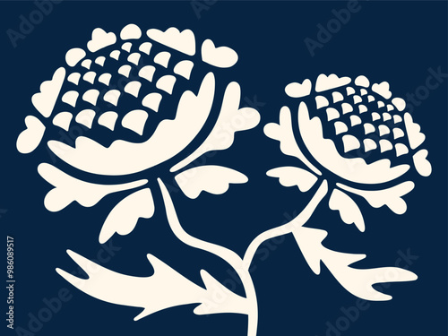 White asters on a blue background. Flowers, patterns. Vector illustration