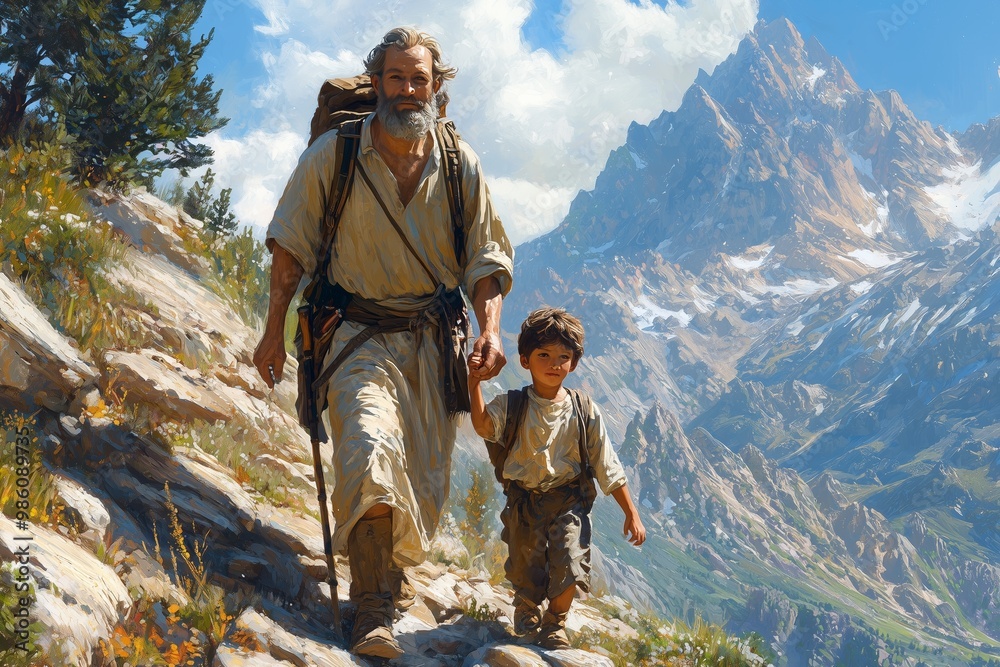 Obraz premium A man and a boy hike through the mountains on a sunny day