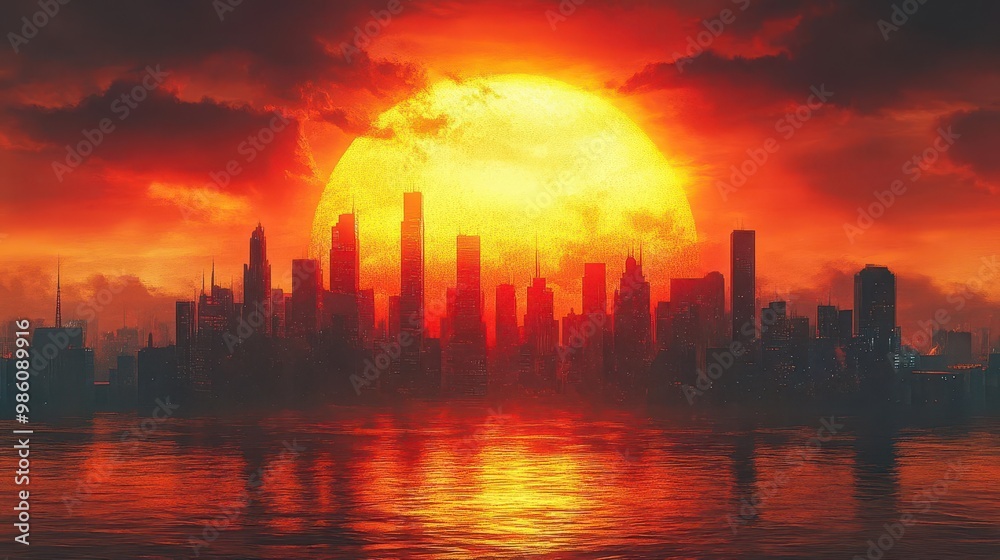 shimmering heatwaves rising over stylized cityscape oversized sun looming warm color palette with oranges and reds shimmering heatwaves rising over stylized cityscape oversized sun looming warm color palette with oranges and reds