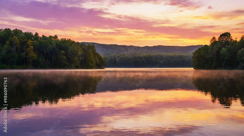 Dawn over a serene lake; golden light illuminates the sky in pink and lavender hues with wispy clouds. Dawn over a serene lake; golden light illuminates the sky in pink and lavender hues with wispy clouds.