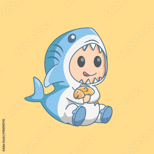 Cute Child Wearing Blue Shark Suit With Holding Fish Vector Cartoon Illustration Icon