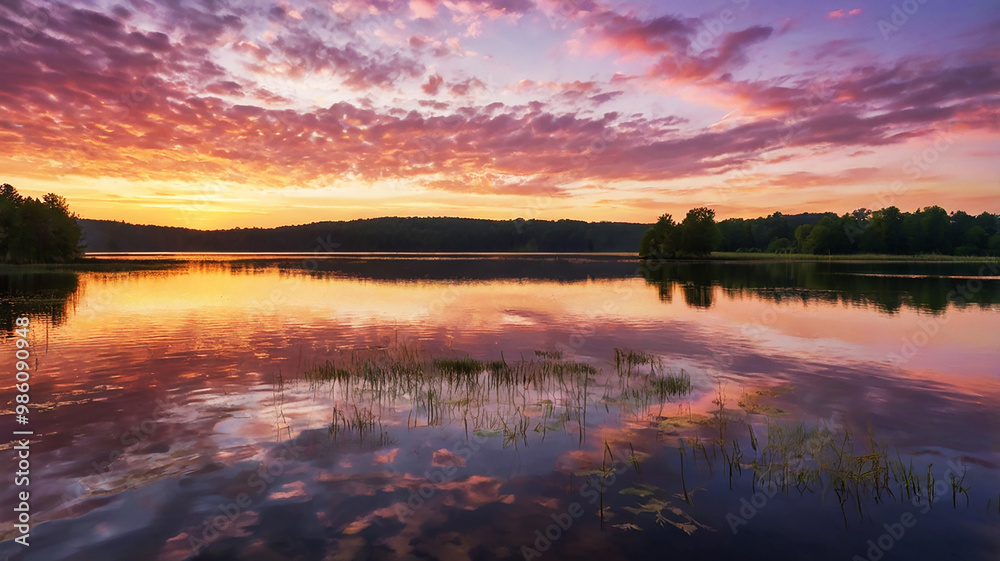 Dawn over a serene lake; golden light illuminates the sky in pink and lavender hues with wispy clouds. Dawn over a serene lake; golden light illuminates the sky in pink and lavender hues with wispy clouds.