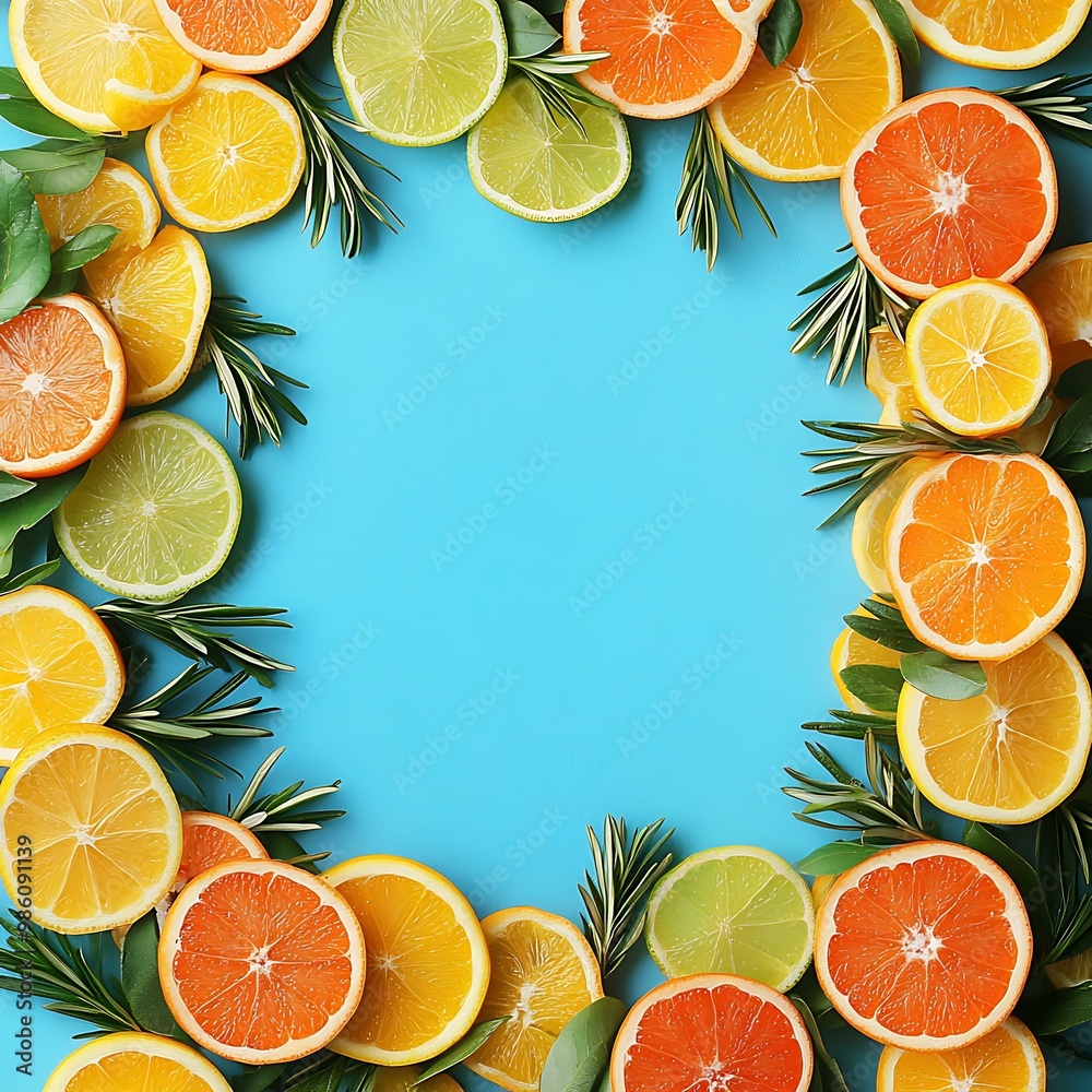 Citrus Fruits and Rosemary on Blue Background Citrus Fruits and Rosemary on Blue Background