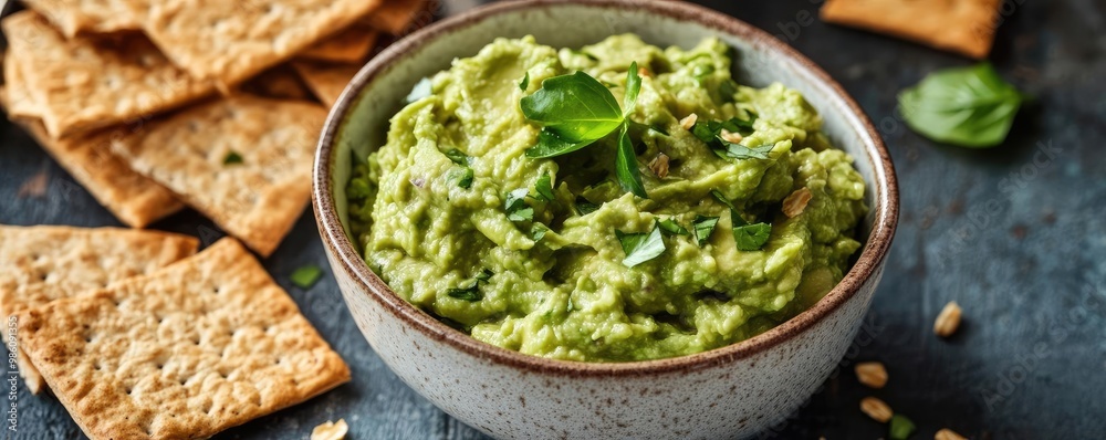 Delicious guacamole served in a bowl, accompanied by crispy crackers for a perfect snack or appetizer. Delicious guacamole served in a bowl, accompanied by crispy crackers for a perfect snack or appetizer.