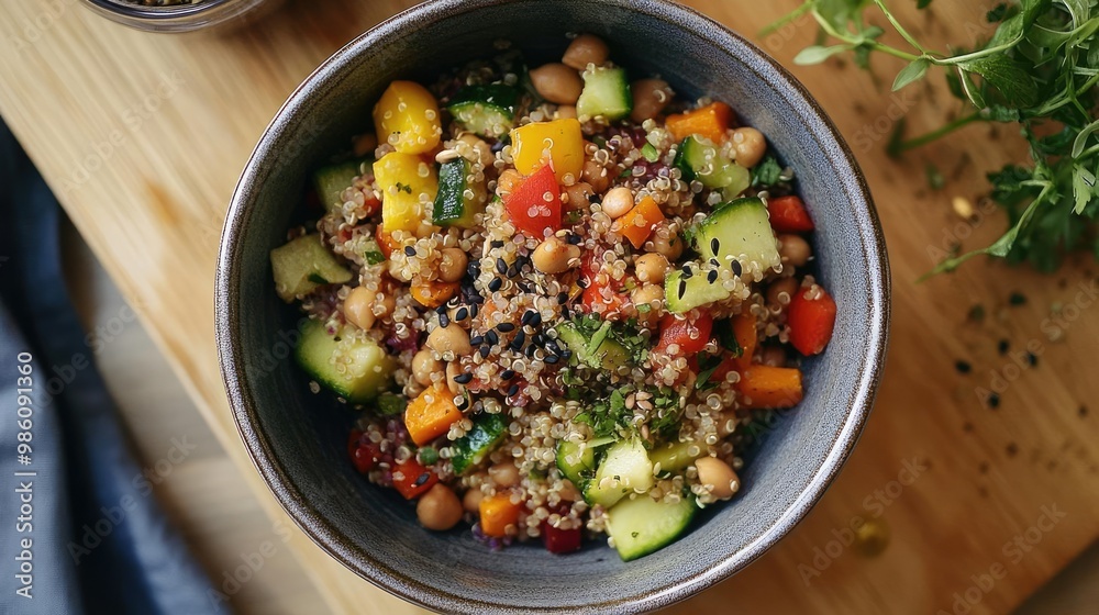 Vibrant salad bowl featuring quinoa, chickpeas, and fresh vegetables, perfect for healthy eating and meal prep. Vibrant salad bowl featuring quinoa, chickpeas, and fresh vegetables, perfect for healthy eating and meal prep.