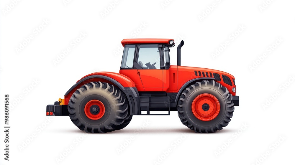 Red tractor isolated on white background, side view. Red tractor isolated on white background, side view.