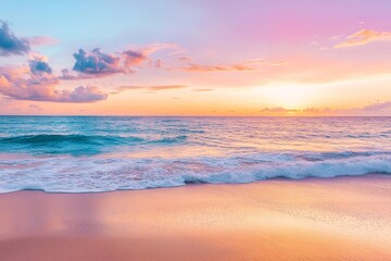 A serene beach scene at sunset with golden sand and a vibrant sky, ideal for summer-themed promotions and travel marketing