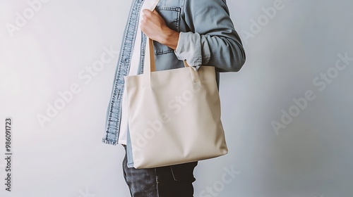 Minimalistic image of a man carrying a plain beige tote bag on his shoulder, standing against a white background.