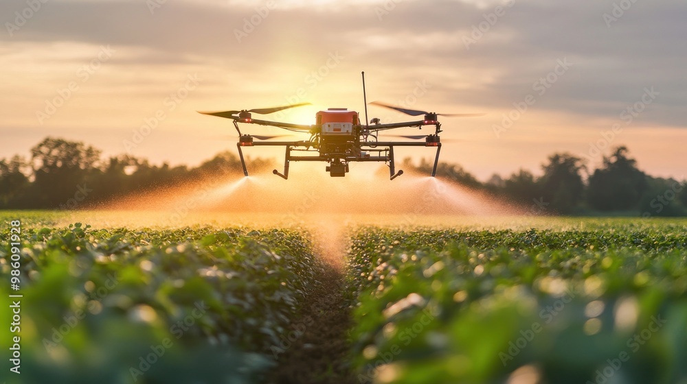 Drone spraying a field with water at sunset. Drone spraying a field with water at sunset.