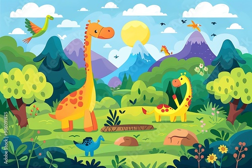 Cartoon Illustration Of Giraffes In The Forest