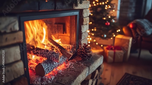 A cozy fireplace glowing with warmth, adorned with logs, surrounded by a beautifully decorated Christmas tree.