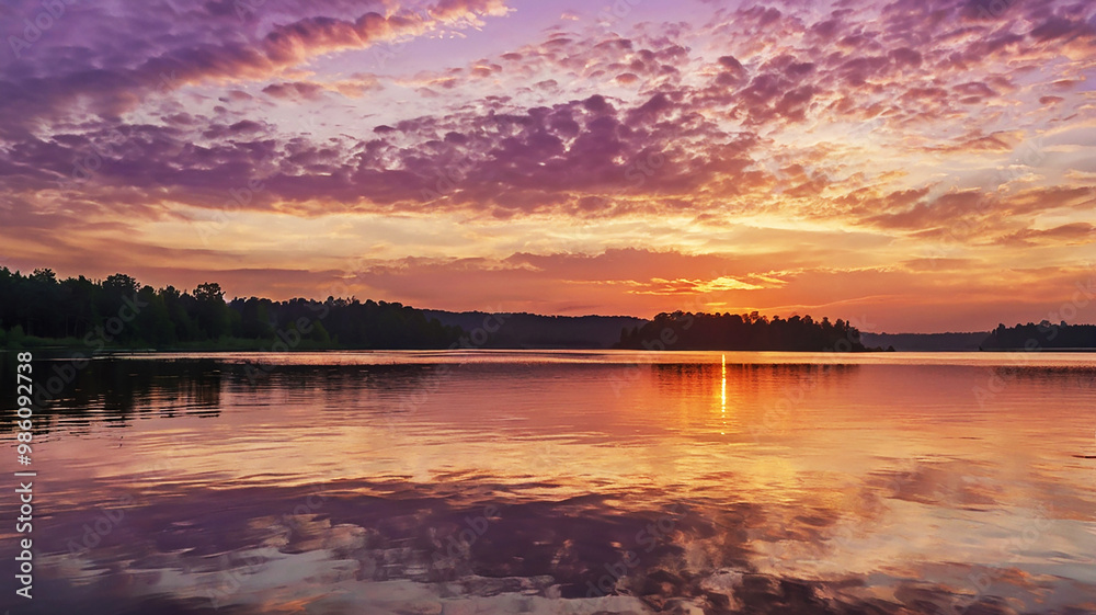 Dawn over a serene lake; golden light illuminates the sky in pink and lavender hues with wispy clouds. Dawn over a serene lake; golden light illuminates the sky in pink and lavender hues with wispy clouds.