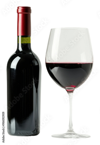 Elegant red wine bottle and glass for tasting isolated on transparent background