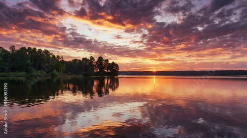 Dawn over a serene lake; golden light illuminates the sky in pink and lavender hues with wispy clouds.