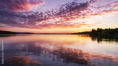 Dawn over a serene lake; golden light illuminates the sky in pink and lavender hues with wispy clouds.