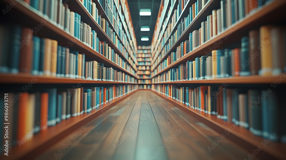 A wide view of rows and rows of books in the library, low-angle shot, depth of field, close-up, cinematic