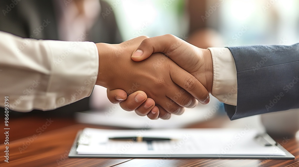 Two people shaking hands in a business meeting. Scene is professional and formal. The handshake symbolizes agreement and trust between the two individuals.Generative ai. Two people shaking hands in a business meeting. Scene is professional and formal. The handshake symbolizes agreement and trust between the two individuals.Generative ai.