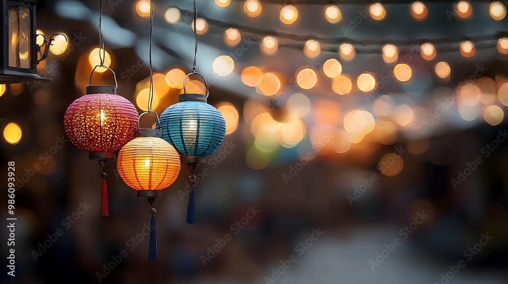 Vibrant lanterns in shades of pink, blue, and orange create a joyful atmosphere, glowing softly amid blurred fairy lights. The scene feels warm and inviting. Diwali Concept Vibrant lanterns in shades of pink, blue, and orange create a joyful atmosphere, glowing softly amid blurred fairy lights. The scene feels warm and inviting. Diwali Concept