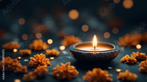 A serene diya burns gently, surrounded by vibrant marigold flowers. The atmosphere feels warm, with hints of celebration. Background is slightly blurred, enhancing focus on elements. Diwali Concept