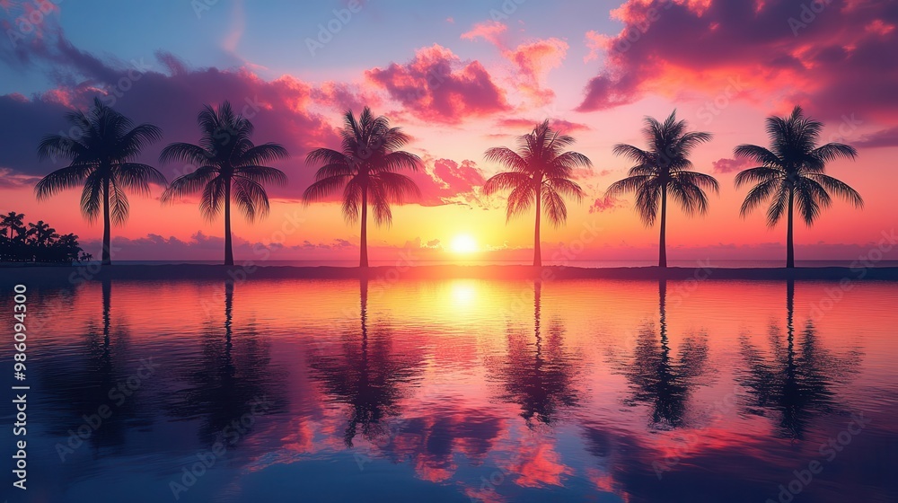 silhouettes of graceful palm trees against vibrant orange and pink sunset sky reflective calm ocean tropical beach shoreline silhouettes of graceful palm trees against vibrant orange and pink sunset sky reflective calm ocean tropical beach shoreline